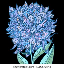 Blue ornate flower with a face. Fairytale floral princess, goddess. Tribal boho tattoo. Vector coloring page. Woman face surrounded by flower petals and ornaments.