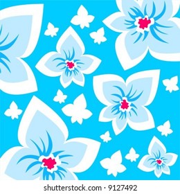Blue ornate flowers on a  blue background. Digital illustration.