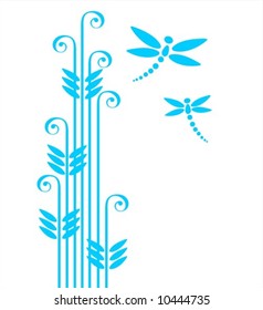 Blue ornate grass and two dragonflies isolated on a white background.