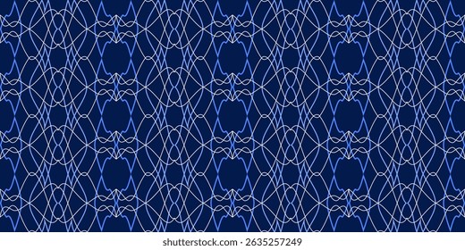 Blue ornate grid on dark blue background. Geometric symmetric seamless pattern. Vector decorative ornament of curved lines. Refine complex pattern for your design projects.