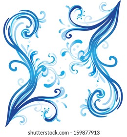 Blue ornate swirls isolated on white background. Vector illustration. 