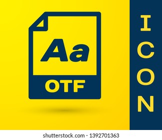 Blue OTF file document icon. Download otf button icon isolated on yellow background. OTF file symbol. Vector Illustration