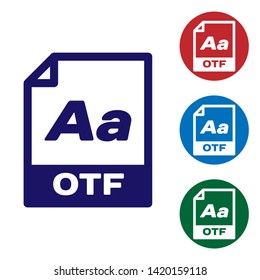 Blue OTF file document icon. Download otf button icon isolated on white background. OTF file symbol. Set color icon in circle buttons. Vector Illustration