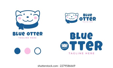 Blue Otter Abstract Vector Sign, Emblem Logo Template. Cute Little Funny Otter Animal Face with Scarf and Playful Typography. Different Layout Versions. Isolated