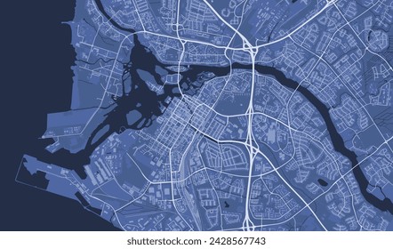 Blue Oulu map, Finland. Vector city streetmap, municipal area.
