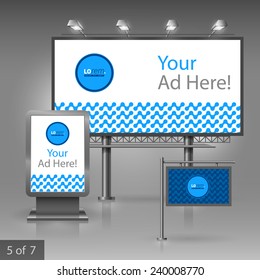 Blue outdoor advertising design for company with geometric pattern. Elements of stationery.