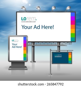 Blue outdoor advertising design for corporate identity with color square elements. Stationery set