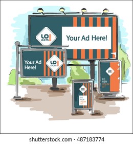 Blue outdoor advertising design for corporate identity with vertical orange lines. Stationery sketch in a drawing style