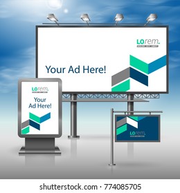 Blue outdoor advertising design for corporate identity with geometric elements. Stationery set