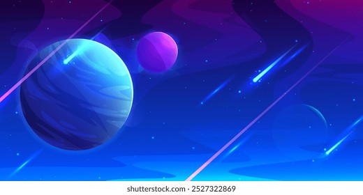 Blauer Weltraumhintergrund mit außerirdischen Planeten und fallendem Asteroiden mit Neonglimmerspur. Cartoon Vektor Fantasie Kosmos Landschaft mit Himmelskörpern. Abstraktes futuristisches Astronomie-Banner.