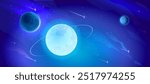 Blue outer space background with stars and nebula, neon glowing planets with orbit and falling asteroids. Cartoon vector illustration of cosmos bg with celestial bodies. Fantasy astronomy backdrop.