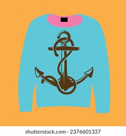 The blue outfit in front of the background and the brown colored anchor in front of it