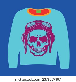 The blue outfit in front of the background and the skeleton pilot pattern in purple in front of it