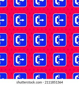 Blue Outgoing call phone icon isolated seamless pattern on red background. Phone sign. Telephone handset.  Vector