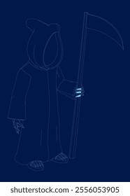 Blue outline Angel of death with a scythe in his hands on white background.