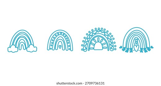 Blue outline boho rainbow set. Soft calm minimalist shapes for nursery prints and invitations