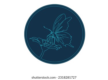 blue outline of butterfly and flower in dark blue circle on white background