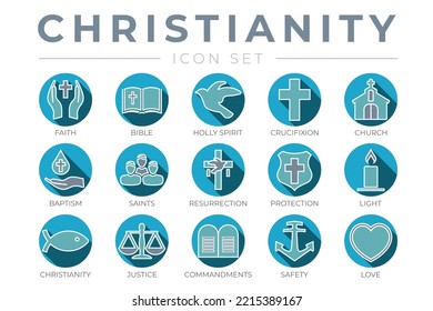 Blue Outline Christian Icon Set with Faith, Bible, Crucifixion , Baptism, Church, Resurrection, Holy Spirit, Saints, Commandments,Light, Protection, Justice, Safety and Love Thin Icons