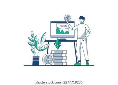 Blue outline concept NFT with people scene in the flat cartoon style. Man explores the field of cryptocurrency, NFT and digital data. Vector illustration.