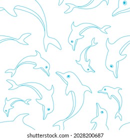Blue outline dolphin on white background seamless pattern vector illustration.