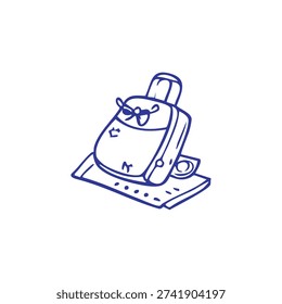 A blue outline drawing of a backpack with a bow on a white background.