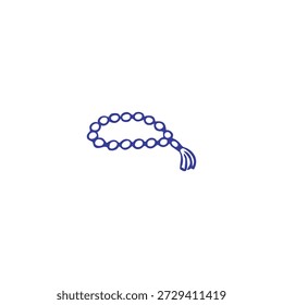 A blue outline drawing depicts a string of prayer beads with a tassel against a plain white background.