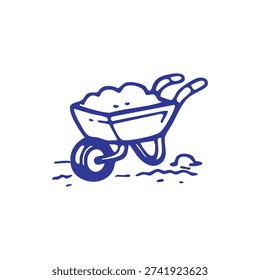 A blue outline drawing of a wheelbarrow filled with dirt.