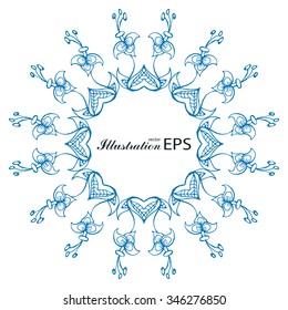 Blue outline floral invitation template, ornate frame, vignette, hand drawn vector illustration, white background