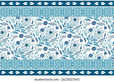 blue outline floral pattern. floral embroidery sketch. one line botanical repeat. seamless flower elements. clean modern background. elegant textile layout
