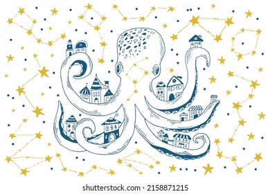 Blue outline hand-drawn artwork of octopus with cute houses flying in the galaxy. Sea animal and stars vector illustration.