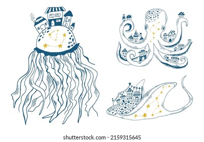 Blue outline hand-drawn artwork of stingray, jellyfish and octopus with cute houses and yellow stars. Sea animal vector illustration.