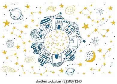 Blue outline hand-drawn planet, yellow stars with cute houses and celestial. Galaxy town vector illustration.