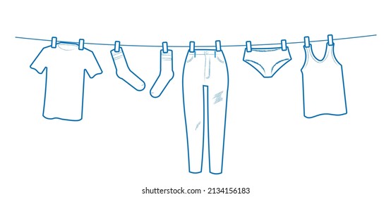 blue outline Hanging laundry, t shirt, socks, jeans, underwear, tank top in white isolated vector, icon, symbol, logo