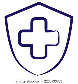 Blue outline icon of the cross inside the shield drawn with a brush line. Simple vector minimal linear pictogram isolated on transparent background