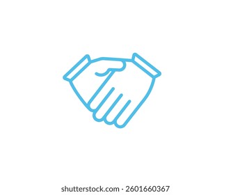 Blue outline icon of handshake symbolizing agreement, cooperation, and partnership. simple design.