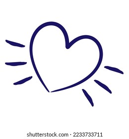 Blue outline icon of the heart with rays of happiness and health, drawn with a brush. Simple vector minimal linear pictogram isolated on transparent background