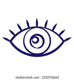 Icono de contorno azul del ojo humano abierto con pestañas dibujadas con una línea de pincel. Pictograma simple vector lineal mínimo aislado en fondo transparente
