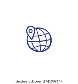 A blue outline icon showing a globe with a location pin symbol on it, representing global position or world travel.