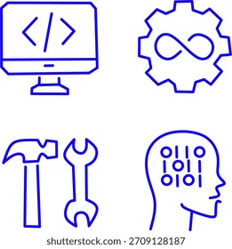 Iconos de contorno azul que muestran codificación en el monitor, equipo DevOps con bucle infinito, herramientas de reparación y cabezal de IA con binario, ideal para temas de tecnología, software e ingeniería.
