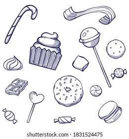 Blue outline icons of sweets and candies