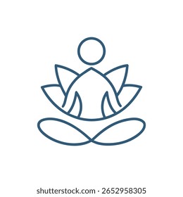 A blue outline illustration depicts a person in the lotus position. The figure is surrounded by stylized flower petals. The image is set against a plain white background simple and minimalist.