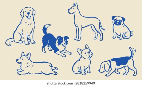 Blue outline illustrations of seven dog breeds in varied poses on beige background highlighting diversity in body shapes and postures