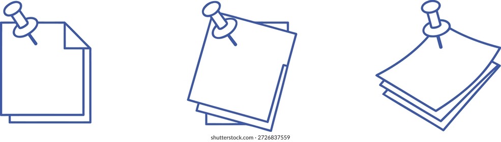 Notas de papel de contorno azul fijadas sobre fondo blanco