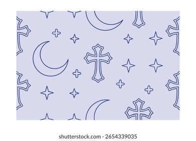Blue outline pattern with crosses moons stars plus signs on a light purple vector