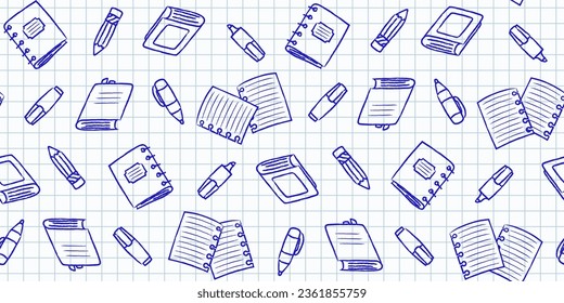 Blue outline school supplies and office stationary on a notebook sheet in a cell. Back to school endless texture, education concept. Vector seamless pattern for office supply store, giftwrap and print