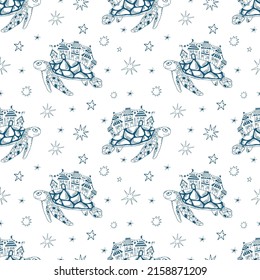Blue outline seamless pattern of turtle with cute houses. Sea animal vector illustration for fabric design.