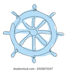 A blue outline of a ship's wheel features elegant curves and spokes, emphasizing a nautical theme with a clean and minimalist design.