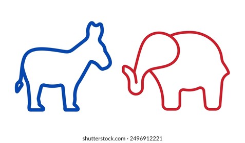 A blue outline silhouette of a donkey and an elephant, symbolizing the Democratic and Republican parties in the United States of America. Vector illustration with white background