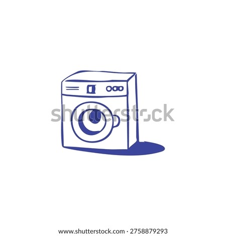 A blue outline sketch of a washing machine with a circular door.