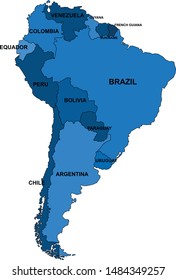 Blue outline South America map on white background. Vector illustration.